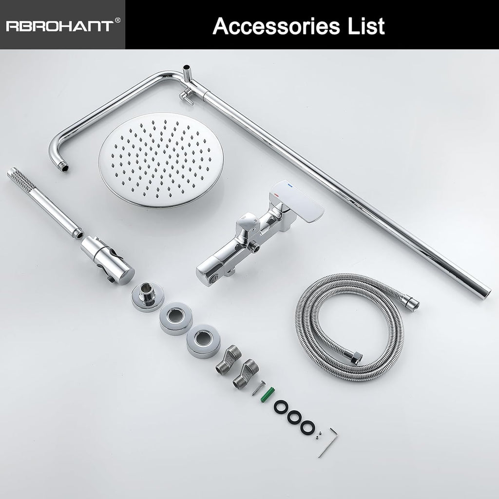 RBROHANT Exposed Shower System with Tub Spout, Polished Chrome Exposed Pipe Shower Faucet with 3 Functions Brass Shower Valve, Shower Height Adjustable, Wall Mounted