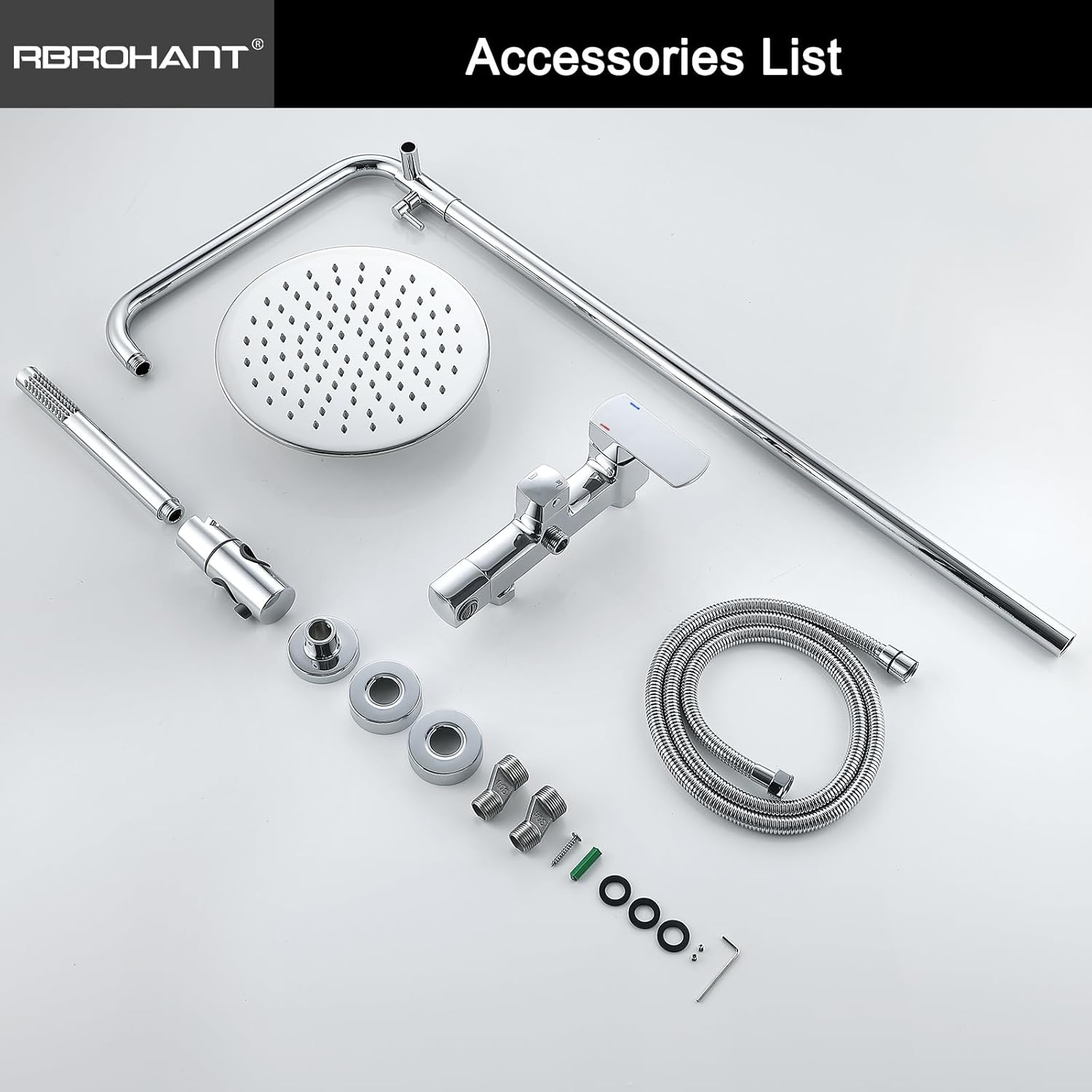 RBROHANT Exposed Shower System with Tub Spout, Polished Chrome Exposed Pipe Shower Faucet with 3 Functions Brass Shower Valve, Shower Height Adjustable, Wall Mounted