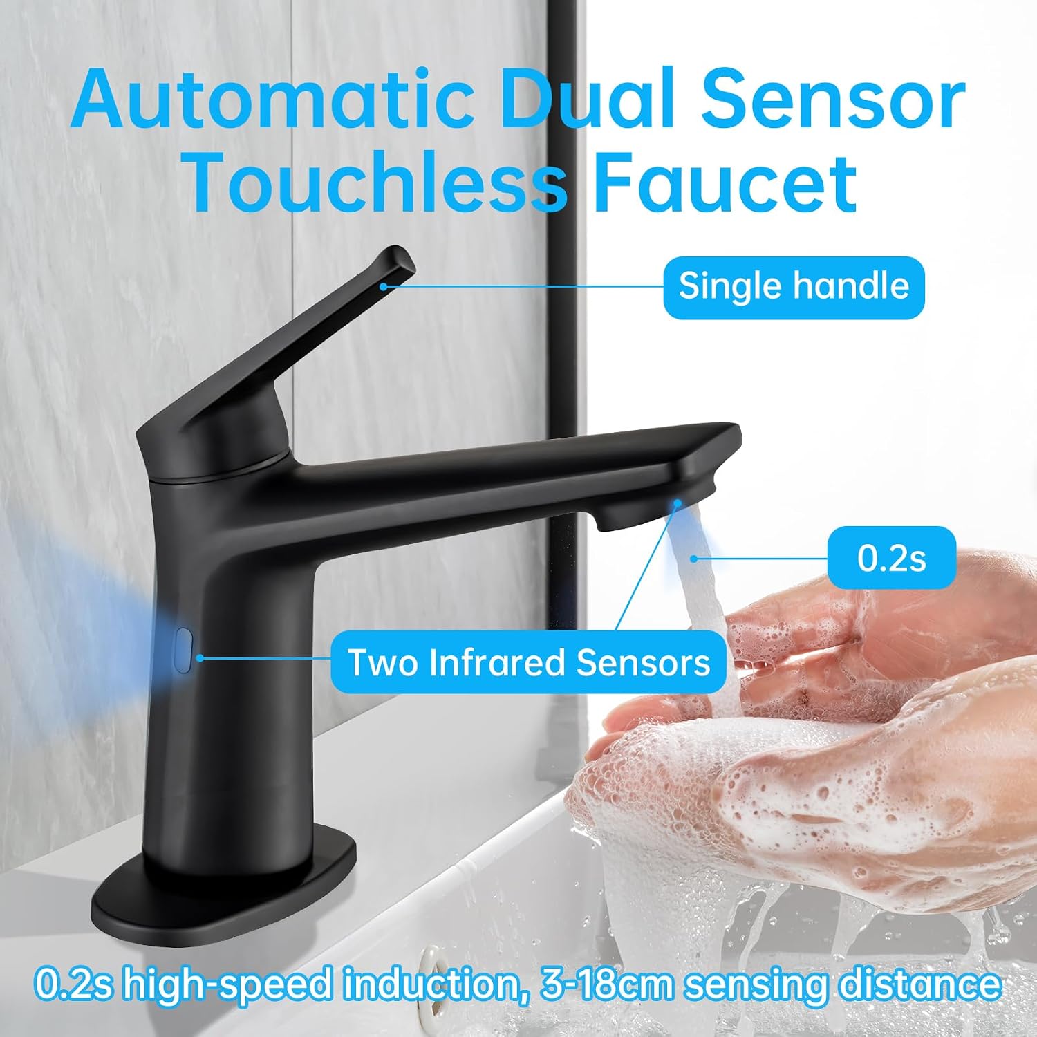 Touchless Smart Bathroom Faucet for 1 or 3 Holes, Automatic Sensor Faucet 1 Handle, Adjustable Cold & Hot Temperature & Water Flow, Short & Long Instruction Modes, Metal (29100 Matte Black)