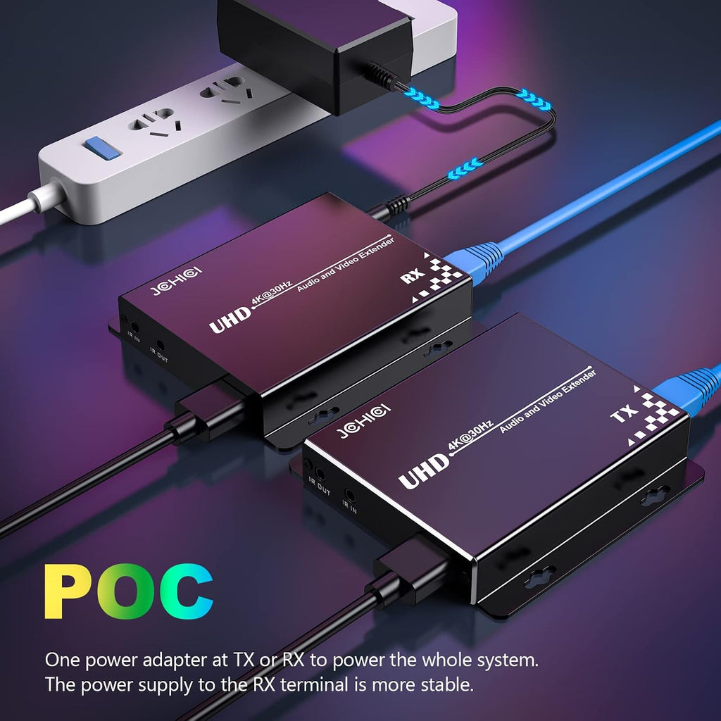 HDBasT HDMI Extender Over Cat5e/6 Ethernet up to 100m(328fts),JCHICI UHD 4K 60Hz (4:2:0 8-bit) with Bi-Directional IR, PoC and RS 232, Lossless Transmission