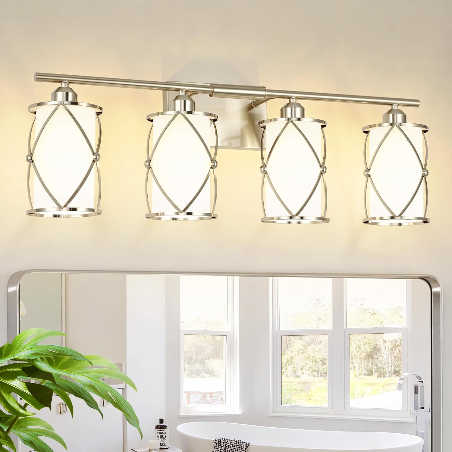 4-Light Brushed Nickel Bathroom Light Fixtures with Milk Frosted Glass, 29' Modern Bathroom Vanity Lighting Fixtures Over Mirror with Metal Cage, Wall Sconce Lights for Bath, E26, CH9176BNW-4W