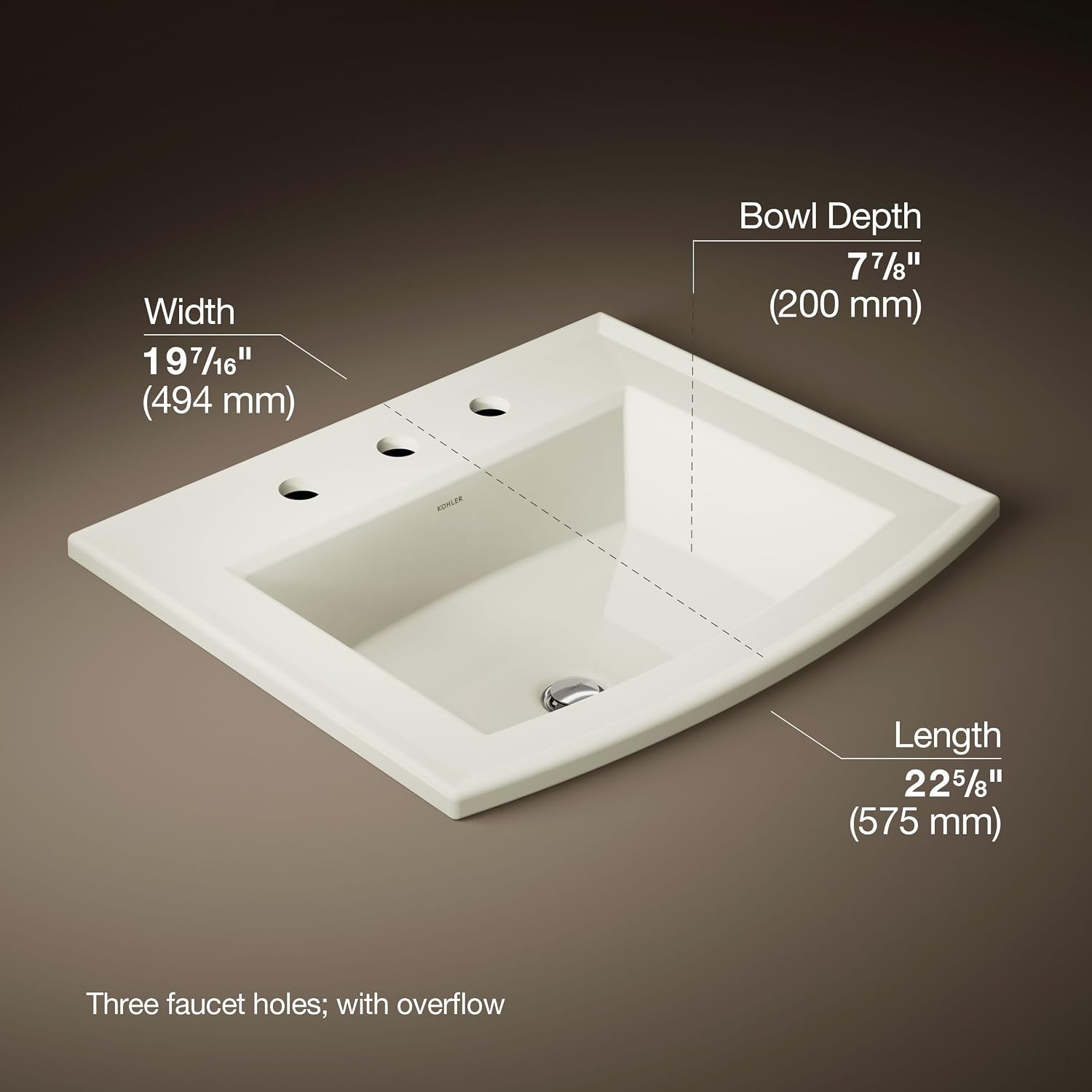 Kohler 2356-8-96 Archer® 22-3/4' rectangular drop-in bathroom sink, Biscuit