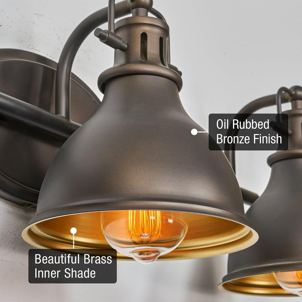 Kira Home Beacon 27' 3-Light Industrial Bathroom Vanity Light with Brass Interior Shades, Modern Farmhouse Wall Sconce, Oil Rubbed Bronze Finish