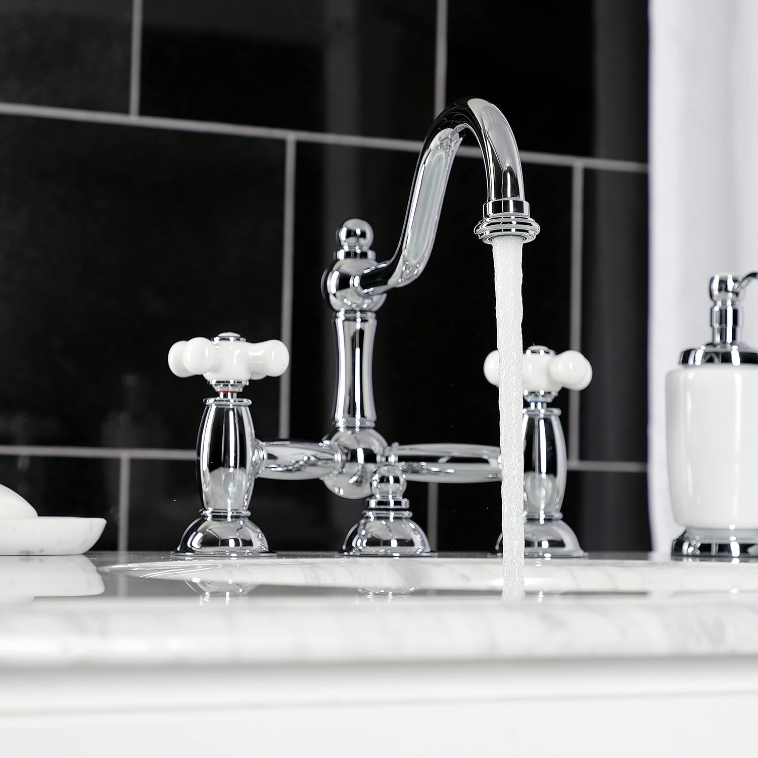 Kingston Brass KS3911PX Restoration Widespread Lavatory Faucet with Porcelain Cross Handle, Polished Chrome