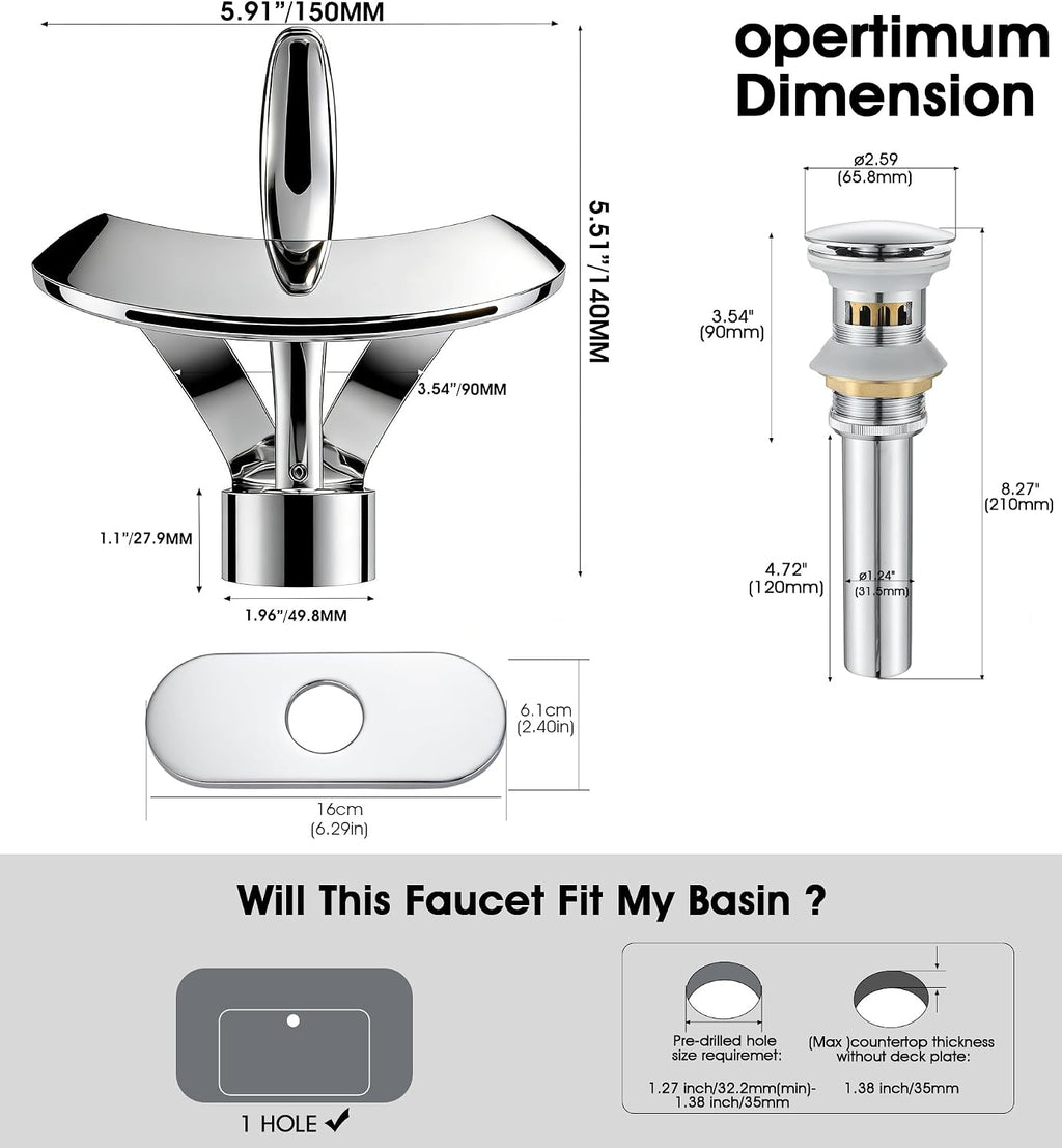 Elegant Bathroom Sink Faucet Single Hole,AUU Waterfall Chrome Vanity Sink Faucet Solid Brass,Single Handle Lavatory Basin Tap with Pop Up Drian Supply Line (Chrome, Short)