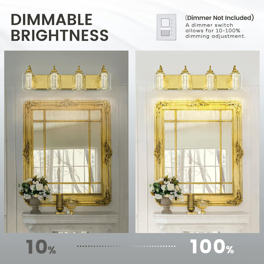 zeyu 24W Dimmable Gold Bathroom Vanity Light, 4-Light Gold Bathroom Light Fixture with 5 Color Modes, Brushed Gold Finish with Crystal Bubble and Clear Glass, ZSL72B-4W LED BG