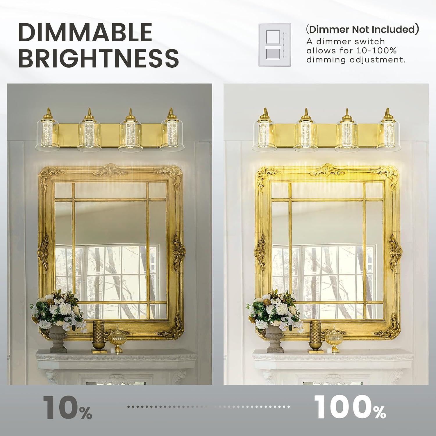 zeyu 24W Dimmable Gold Bathroom Vanity Light, 4-Light Gold Bathroom Light Fixture with 5 Color Modes, Brushed Gold Finish with Crystal Bubble and Clear Glass, ZSL72B-4W LED BG