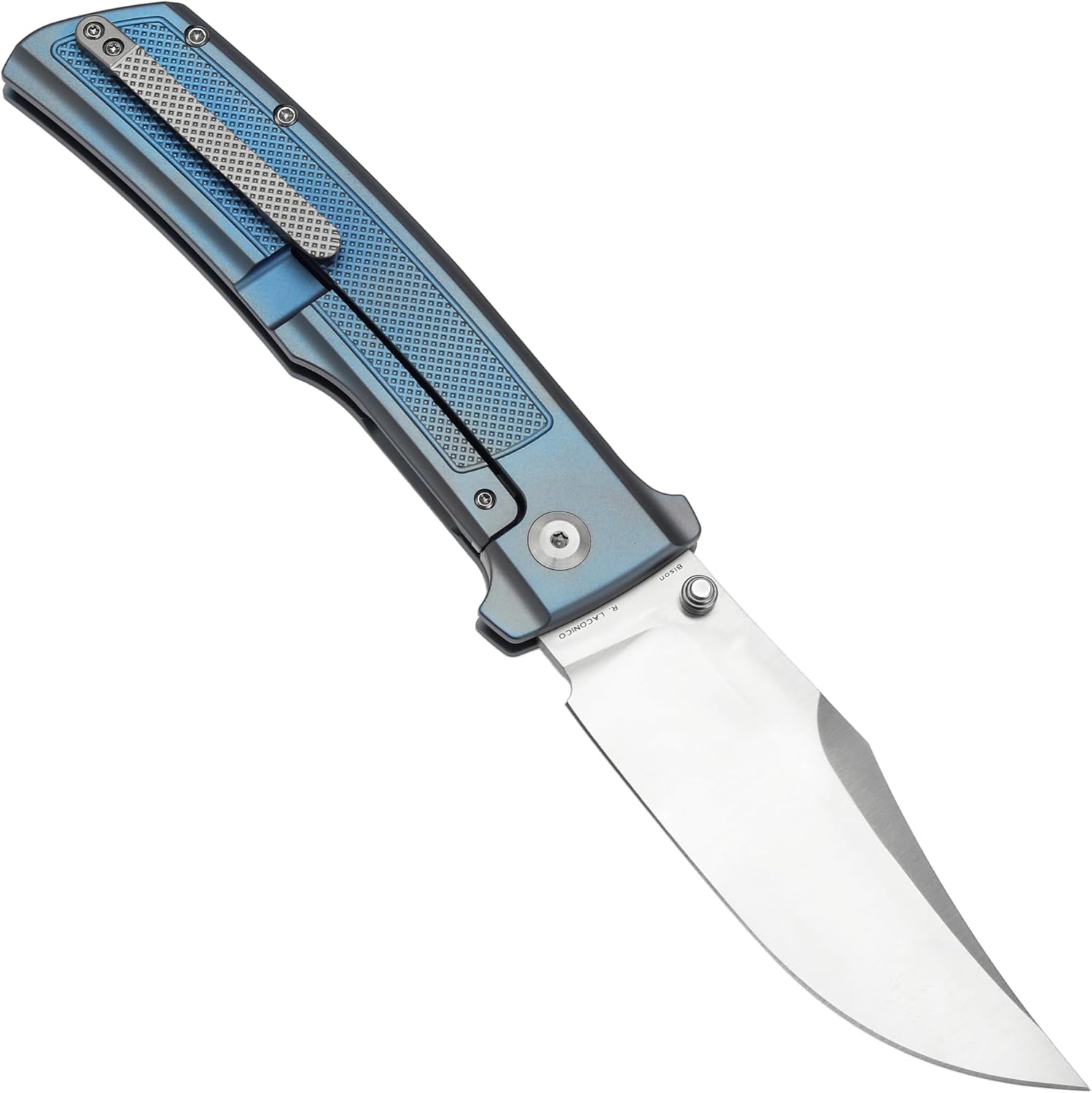 KANSEPT Bison Pocket Folding Knife, 4.25'' Satin CPM S35VN Steel Sharp Blade, Blue Anodized Titanium with Frag Pattern Handle, Frame Lock and Thumb Stud for Edc, Camping Hiking Knives K1108A2
