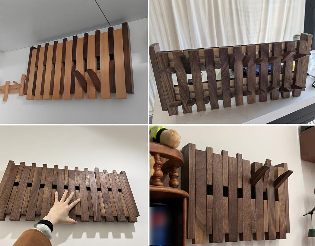 Fuse Box Cover Cabinet Hide Breaker Box/Distribution Cover, Wood Piano Key Electrical Panel Cover, Home Breaker Box Cover with Hook, for Hanging Clothes/Hats/Bags, Natural, 6 Hooks
