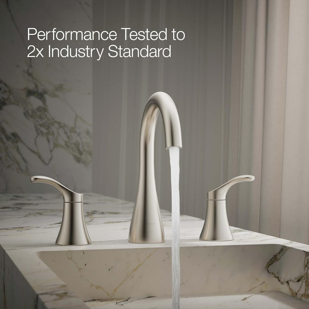 KOHLER K-27390-4K-BN Simplice® Widespread Bathroom Sink Faucet, Bathroom Faucets with Two Lever Handles and Clicker Drain, 1.0 GPM, Vibrant Brushed Nickel