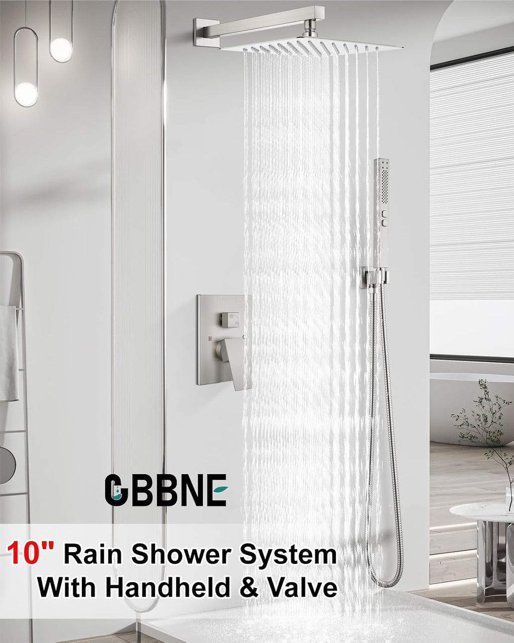 Shower Faucet Set Rainfall Shower System with Square Showerhead and Handle Set Fixture with 2 in 1 Function Handheld Sprayer Wall Mounted Trim Repair Kit Rough-in Valve 10 Inch Brushed Nickel
