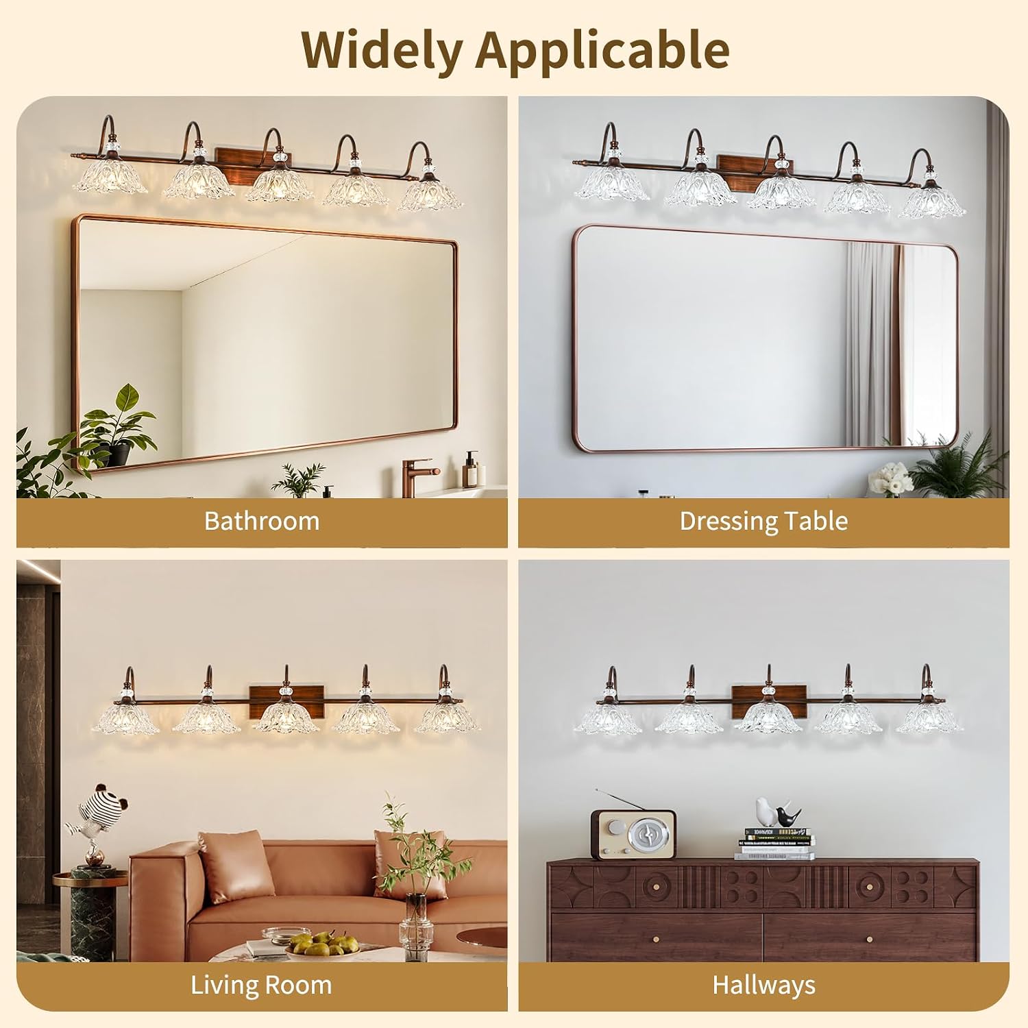 5-Light Antique Red Bronze Finish Bathroom Vanity Light, Vintage Vanity Light with Floral Clear Glass Shades, Retro Wall Mount Lighting for Bathroom, Dressing Table