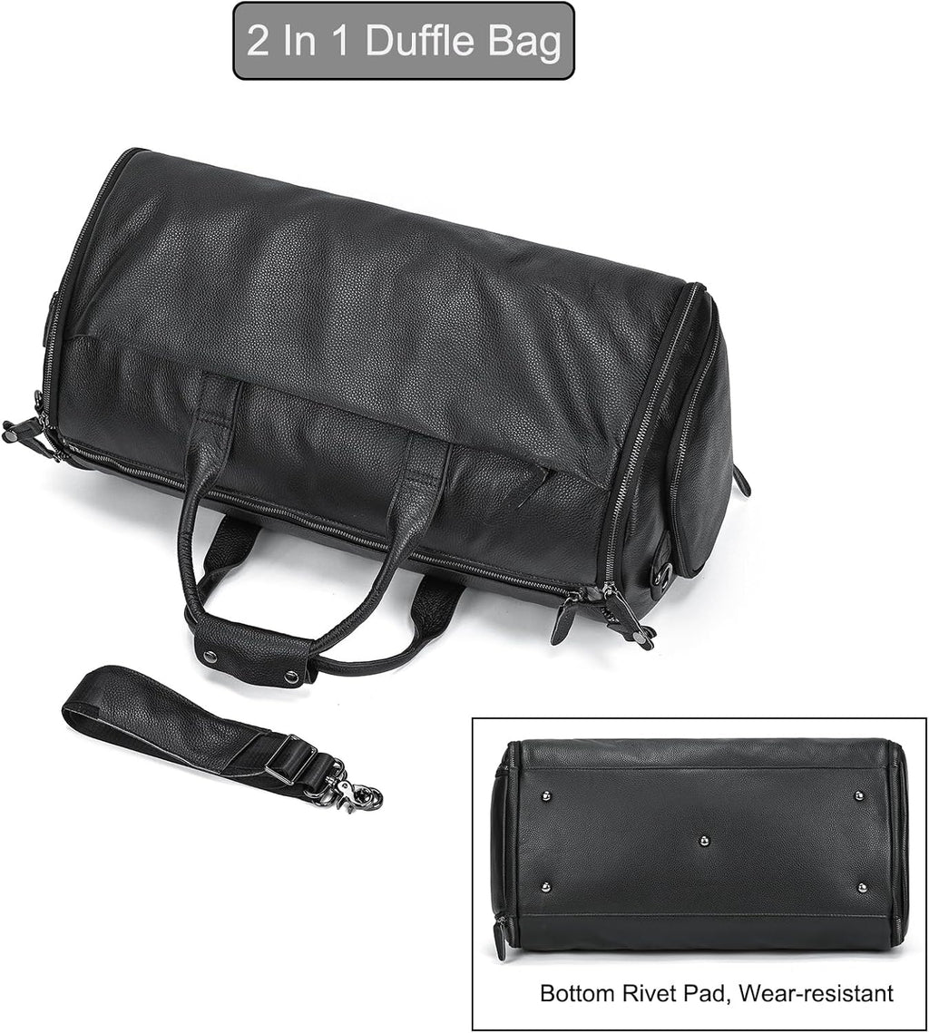 LUUFAN Genuine Leather Garment Bag Large Capacity Travel Bag Business Suit Carrier Bag with Shoe Compartment, Men Women Duffel Bags for Overnight Gym Sports Weekend, Black