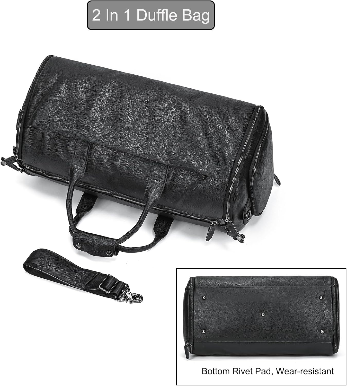 LUUFAN Genuine Leather Garment Bag Large Capacity Travel Bag Business Suit Carrier Bag with Shoe Compartment, Men Women Duffel Bags for Overnight Gym Sports Weekend, Black
