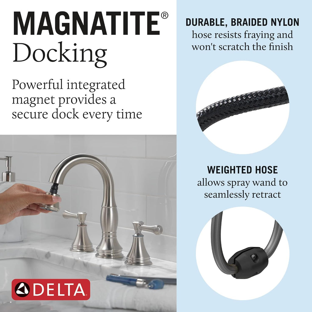 Delta Faucet Cassidy Pull Down Bathroom Faucet, Bathroom Pull Out Faucet, Brushed Nickel Widespread Bathroom Faucet 3 Hole, Bathroom Sink Faucet with Magnetic Docking, Stainless 3597-SSPD-DST