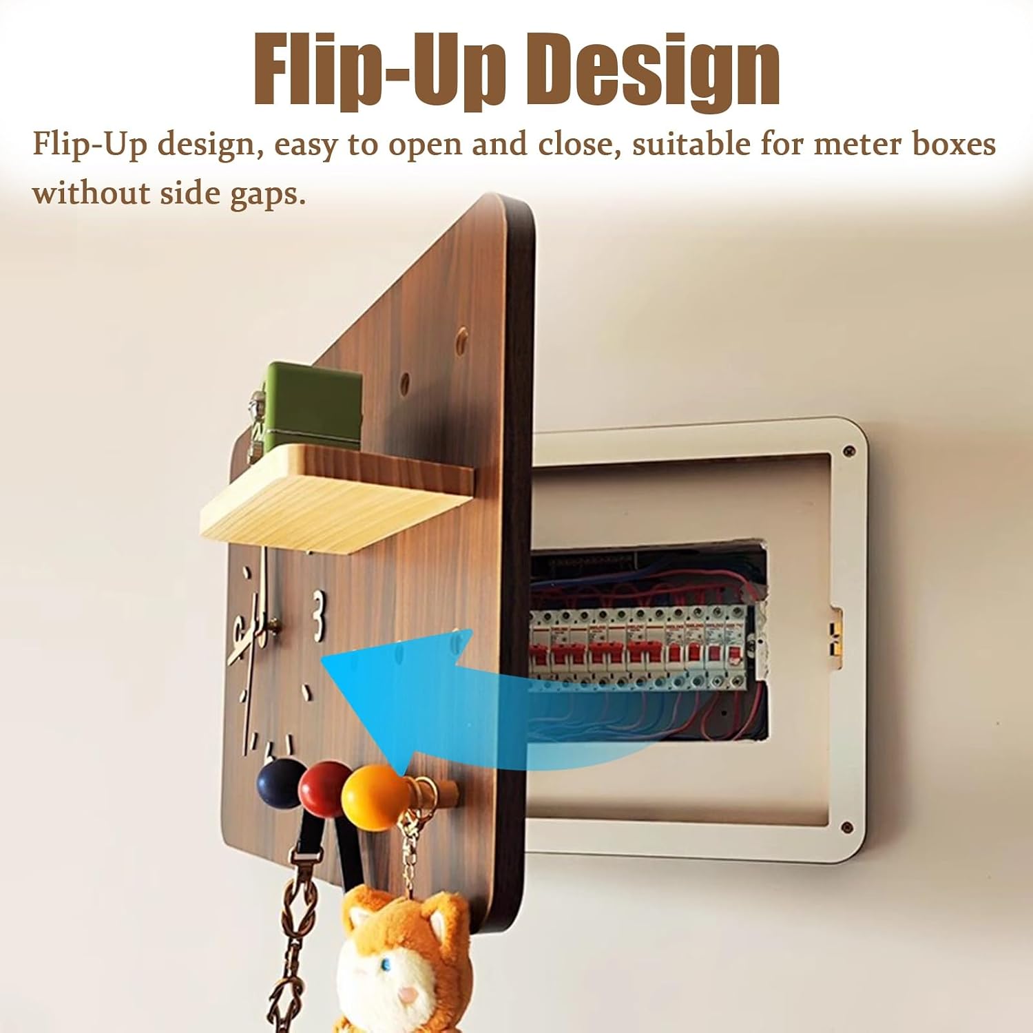 Electrical Panel Cover Solid Wood Circuit Breaker Box Cover Household, Electrical Panel Cover with Clock & Hook, Creative Power Distribution Box Protective Lid(White,W40 x L50 cm (15.8 x 19.7 in))