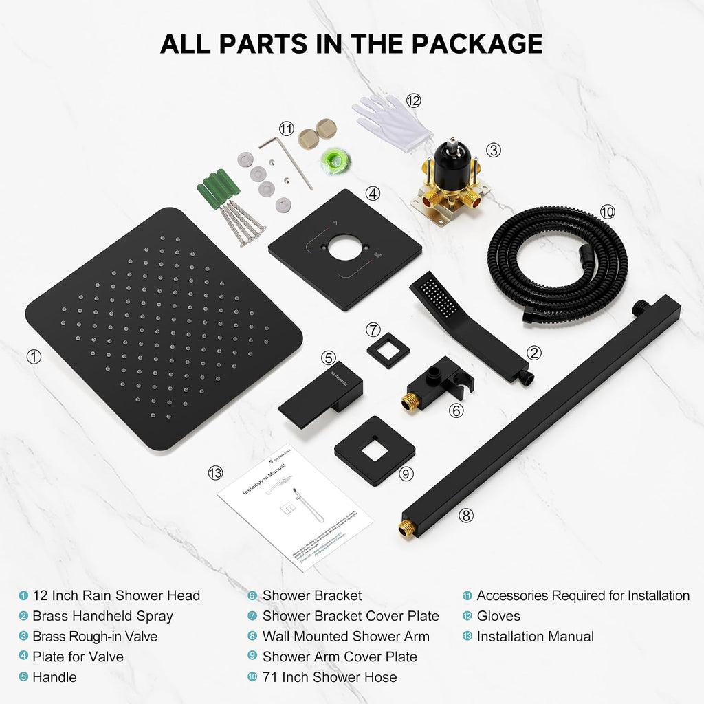 SR SUN RISE Shower Faucet Set & System - 12 Inch Rainfall Shower Head & Handle Set Wall Mounted Matte Black Solid Brass Valve Trim Kit Included