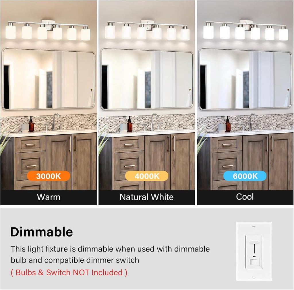 FonmYim Brushed Nickel Bathroom Light Fixtures, 6-Light Modern Vanity Light Over Mirror, Wall Sconces with Milky White Frosted Glass Shades, E26 Socket (Bulbs Not Included)