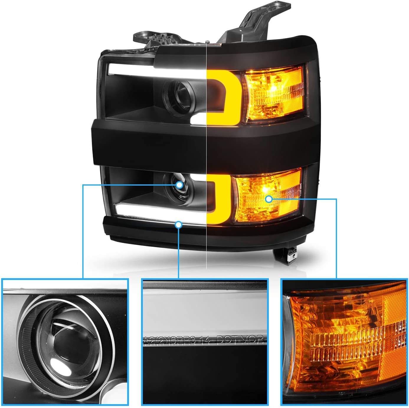 AmeriLite for 2015-2019 Chevy Silverado 2500HD 3500HD Pickup w/Switchback LED Tube All Dark Black Square Projector Headlights Assembly Set - Passenger and Driver Side