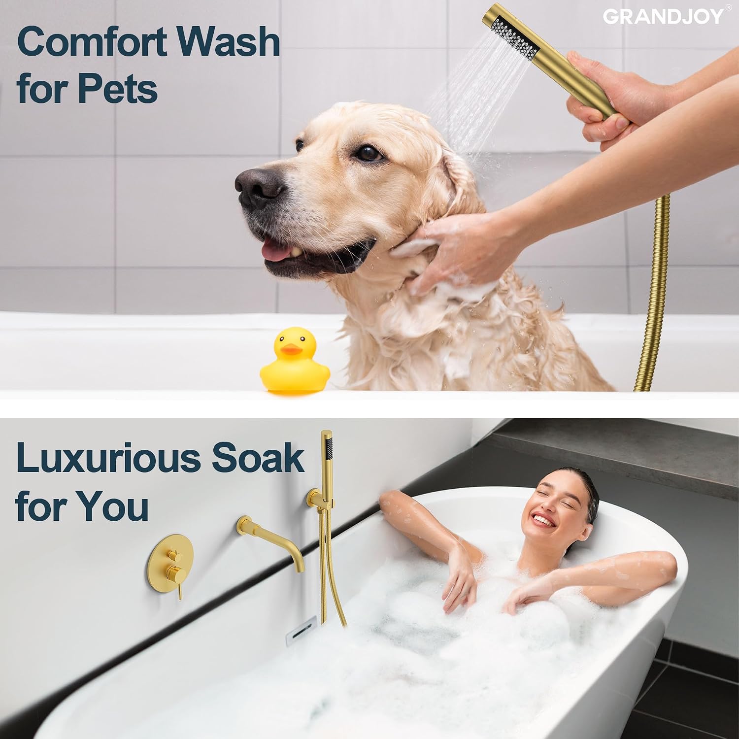 Brushed Gold Wall Mount Bathtub Faucet with Handheld Shower, High Flow Tub Filler, Solid Brass Rough-in Valve Included, Single Handle Bathroom Fixture