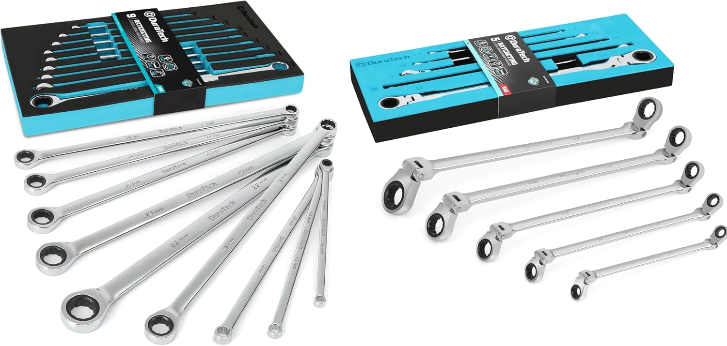 DURATECH 14-Piece Extra Long Ratcheting Wrench Set, SAE&Metric, CR-V Steel, with EVA Foam Tool Organizer