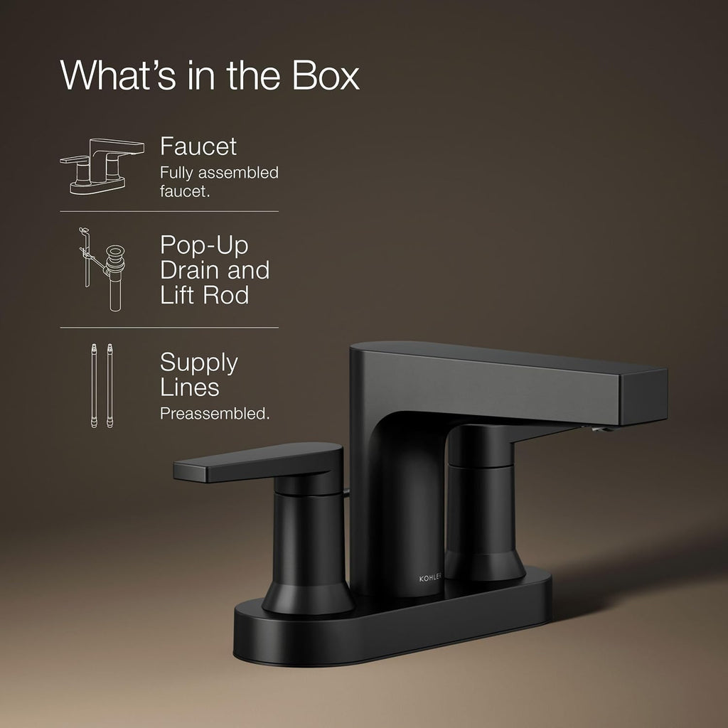 KOHLER K-97031-4-BL Taut Centerset Bathroom Sink Faucet, 1.2 GPM, Two-Handle Faucet, Minimalist Design, Corrosion Resistant, Matte Black