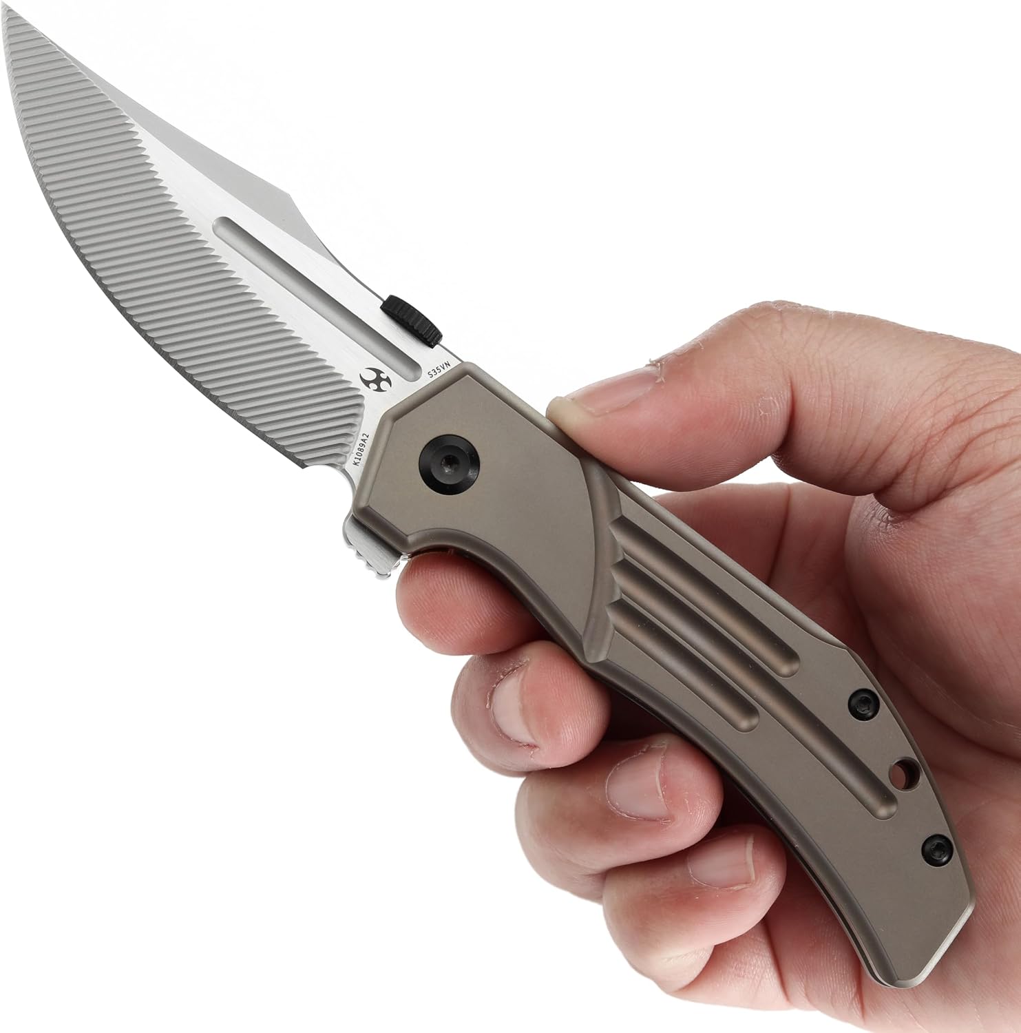 KANSEPT Orion Pocket Knife, 3.07''CPM S35VN with CNC Milling Blade with Blood Groove, Bronze Anodized Titanium Handle and Flipper or Thumb Disk, for Men Camping Survival Hunting Folding Knives K1089A2