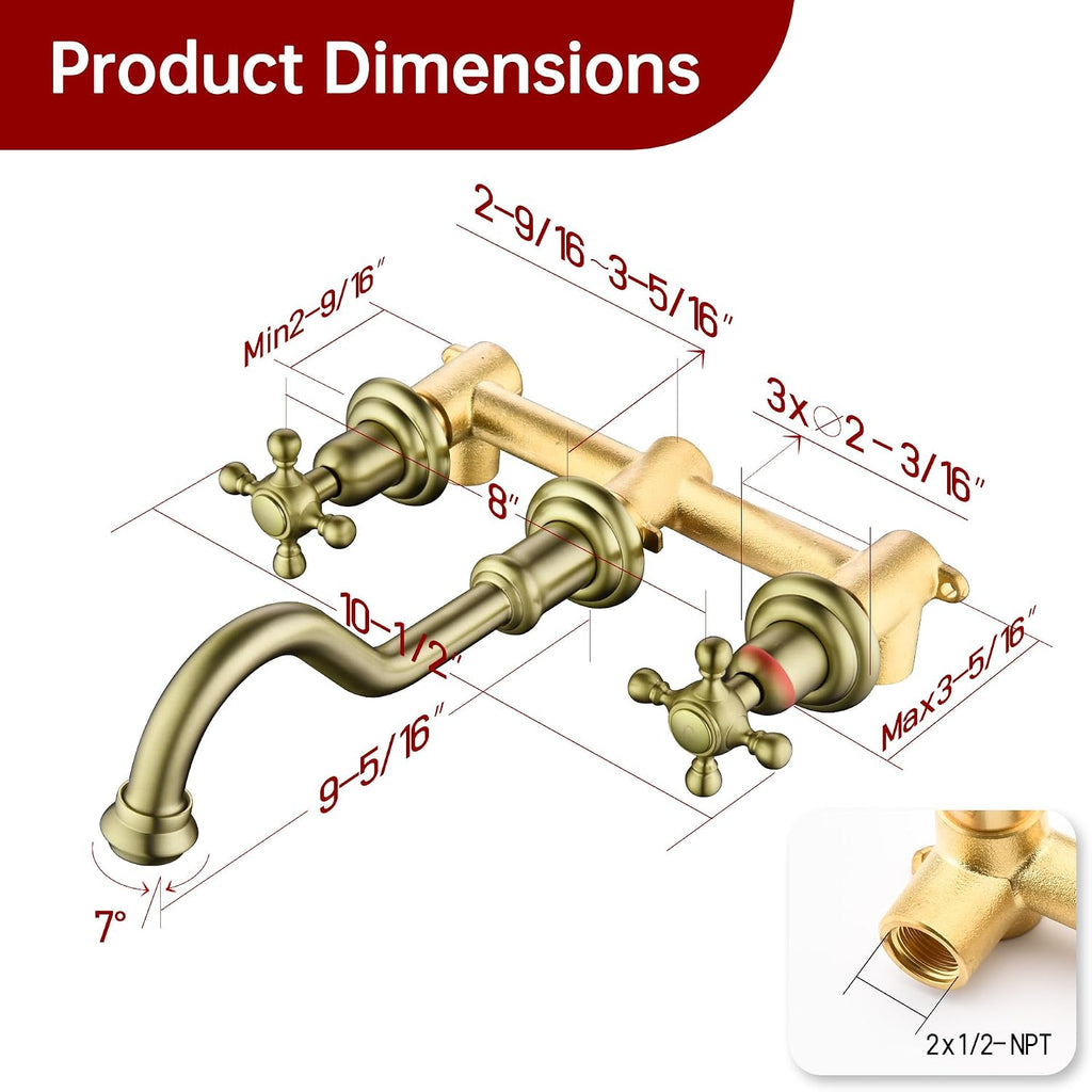 SUMERAIN Brushed Gold Wall Mount Bathroom Sink Faucet,3 Holes Vintage Style Lavatory Basin Faucet with Cross Knobs Included Rough-in Valve