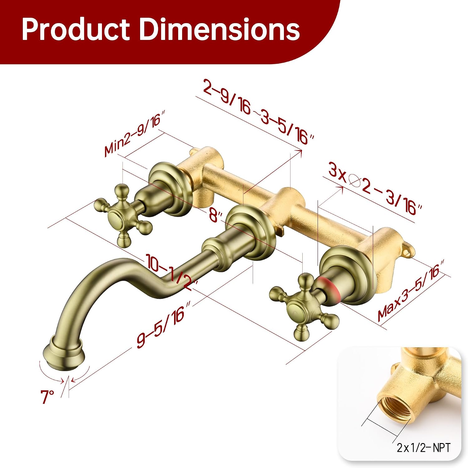 SUMERAIN Brushed Gold Wall Mount Bathroom Sink Faucet,3 Holes Vintage Style Lavatory Basin Faucet with Cross Knobs Included Rough-in Valve