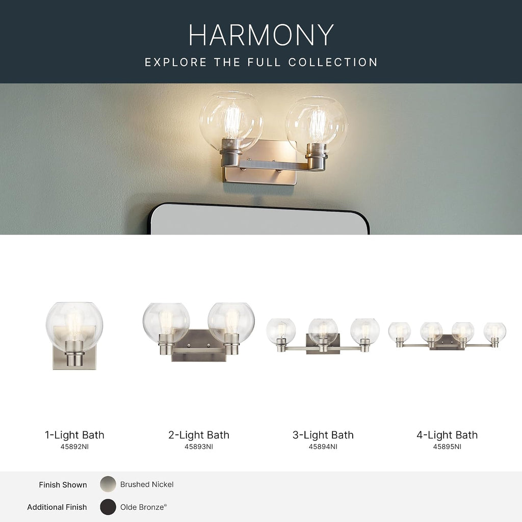 Kichler Harmony 24.5' Vanity Light in Brushed Nickel, 3-Light Traditional Bathroom Vanity with Clear Glass, (24.5' W x 8.25' H), 45894NI