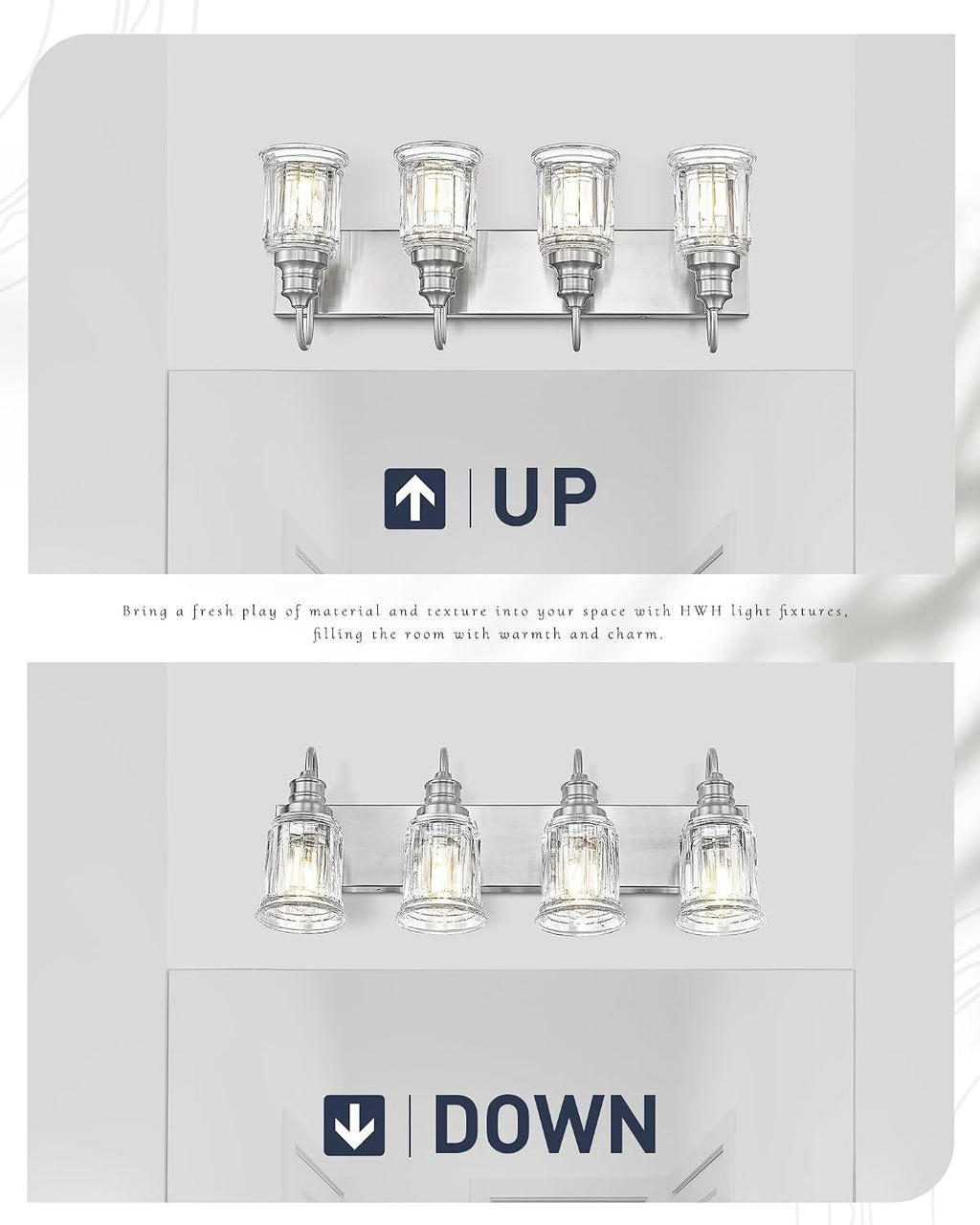 Brushed Nickel Bathroom Light, HWH 4-Light Vanity Lights for Bathroom Vanity Sconce Over Mirror, Wall Mounted Light Fixtures with Bell-Shaped Striped Glass, 5HZG106B-4W BN