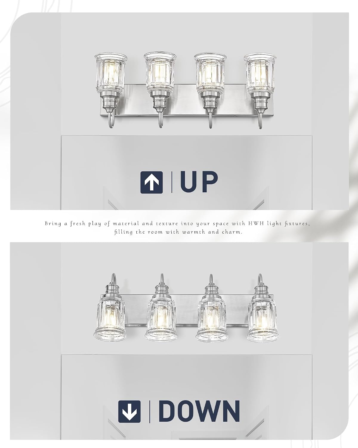 Brushed Nickel Bathroom Light, HWH 4-Light Vanity Lights for Bathroom Vanity Sconce Over Mirror, Wall Mounted Light Fixtures with Bell-Shaped Striped Glass, 5HZG106B-4W BN