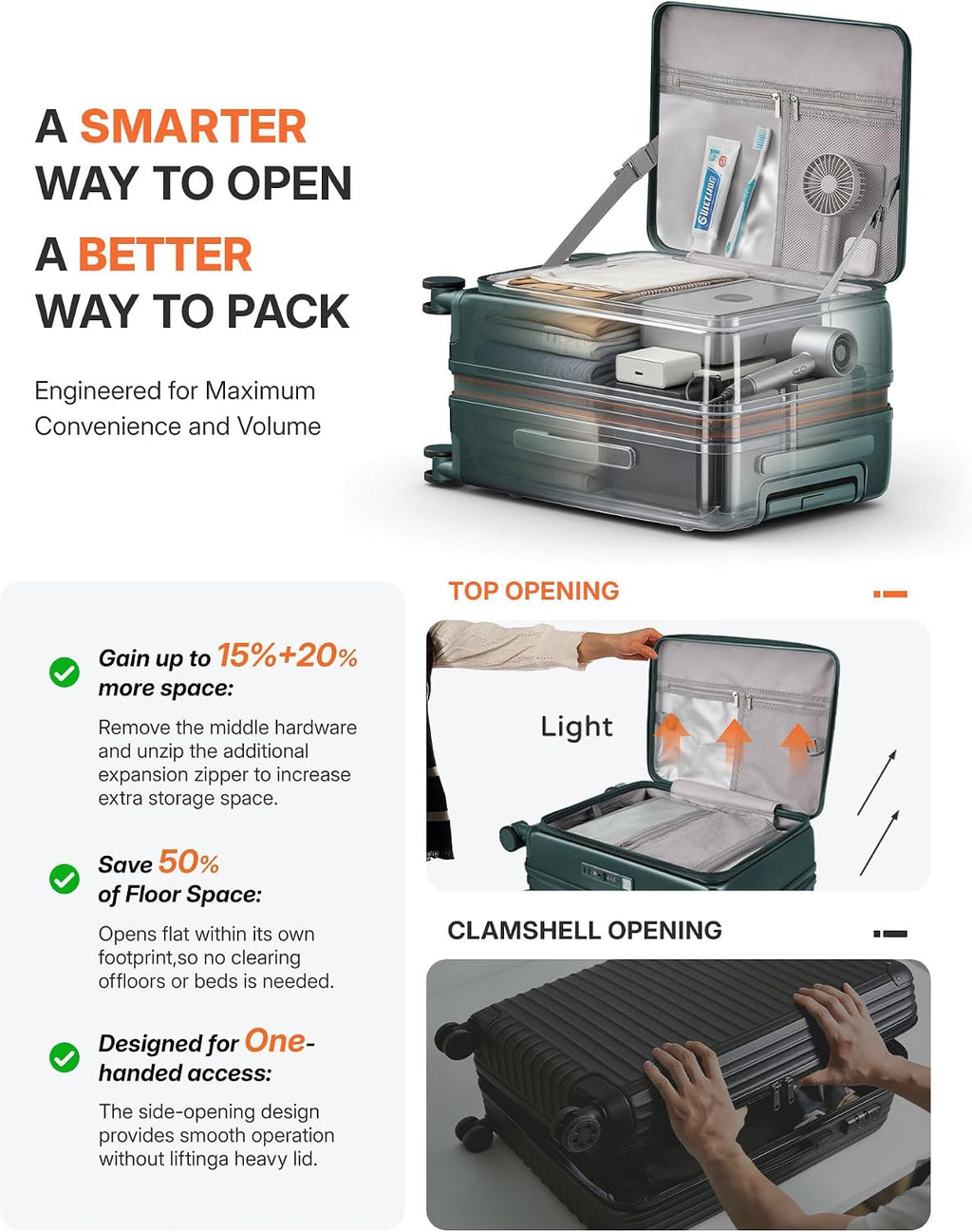 Expandable 20Inch Carry On Luggage Airline Approved - Top Opening Hardside Travel Suitcase Unbreakable -with Cup Holder,USB Charge,Side Pothook, 360°Spinner Wheels, TSA Lock-Green