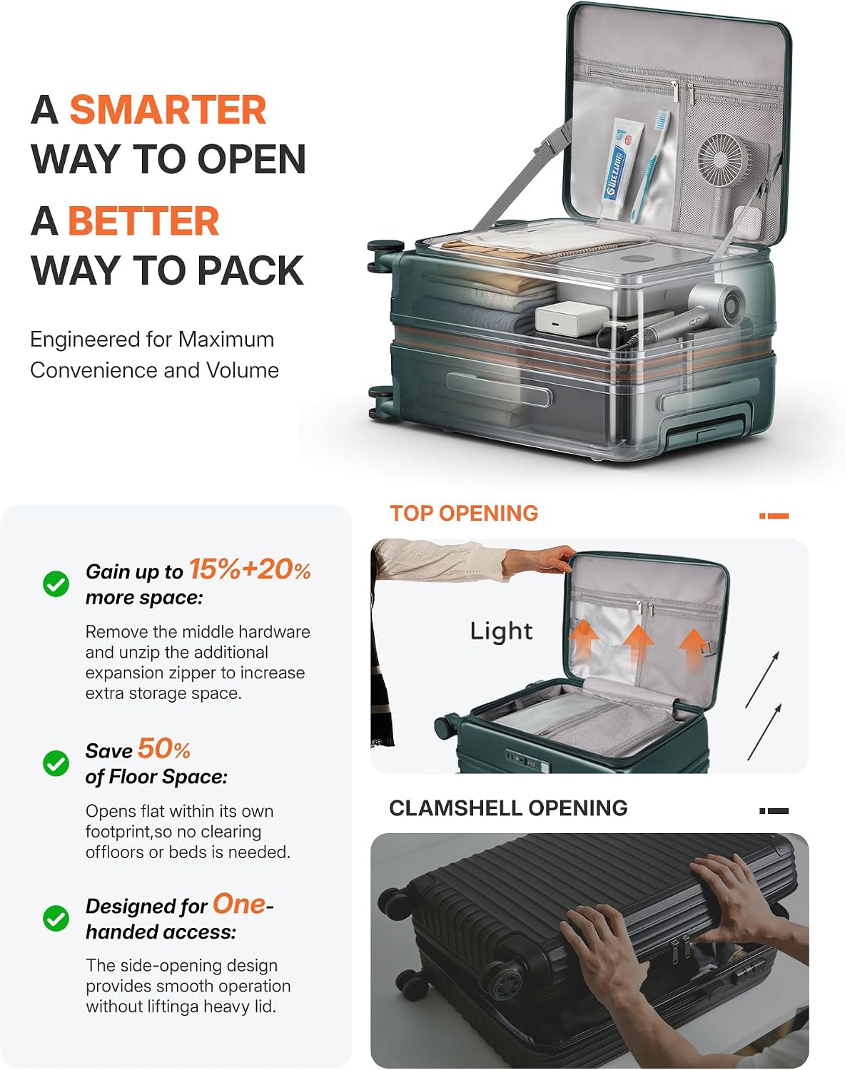Expandable 20Inch Carry On Luggage Airline Approved - Top Opening Hardside Travel Suitcase Unbreakable -with Cup Holder,USB Charge,Side Pothook, 360°Spinner Wheels, TSA Lock-Green