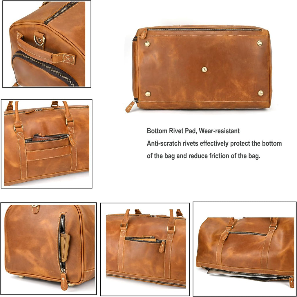 LUUFAN Full-grain Leather Travel Bag Large Capacity Duffel Luggage Bag with Shoe Compartment, Men Weekend Overnight Bag for Business Holiday Trip, Light Brown