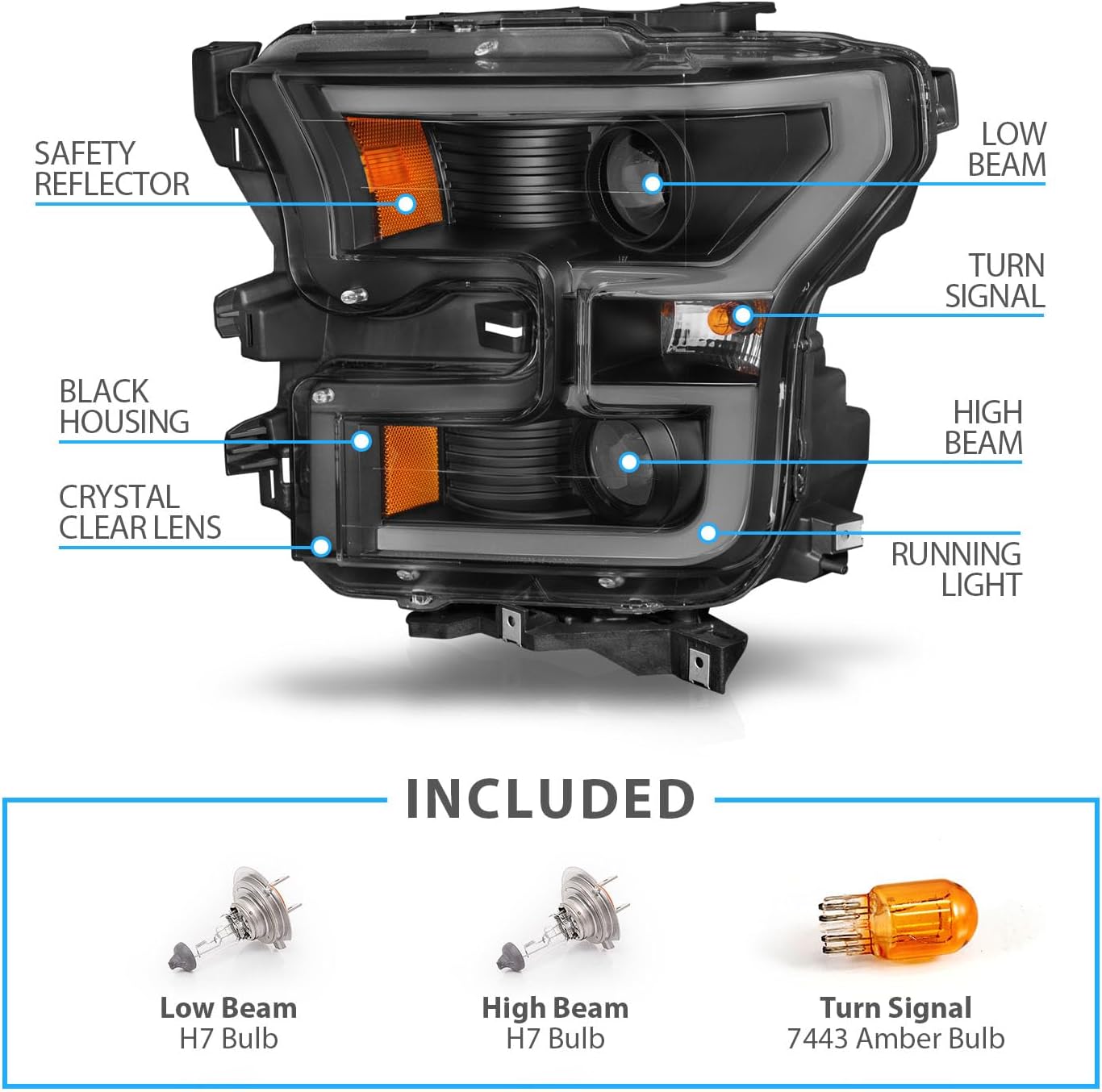 AmeriLite for 2015-2017 Ford F150 Pickup [Halogen Type] Dual LED Bar Projector Black Replacement Headlight Set - Driver and Passenger Side