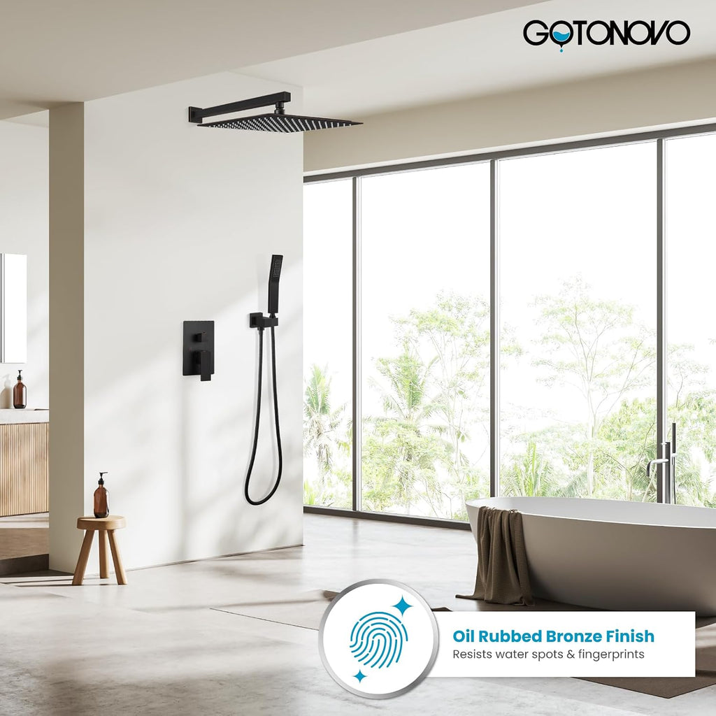 gotonovo Rainfall Bathroom Shower System Rain Shower Head and Handle Set Wall Mounted Shower Complete Combo Solid Brass Pressure Balancing Shower Mixer Valve 16 Inch Oil Rubbed Bronze
