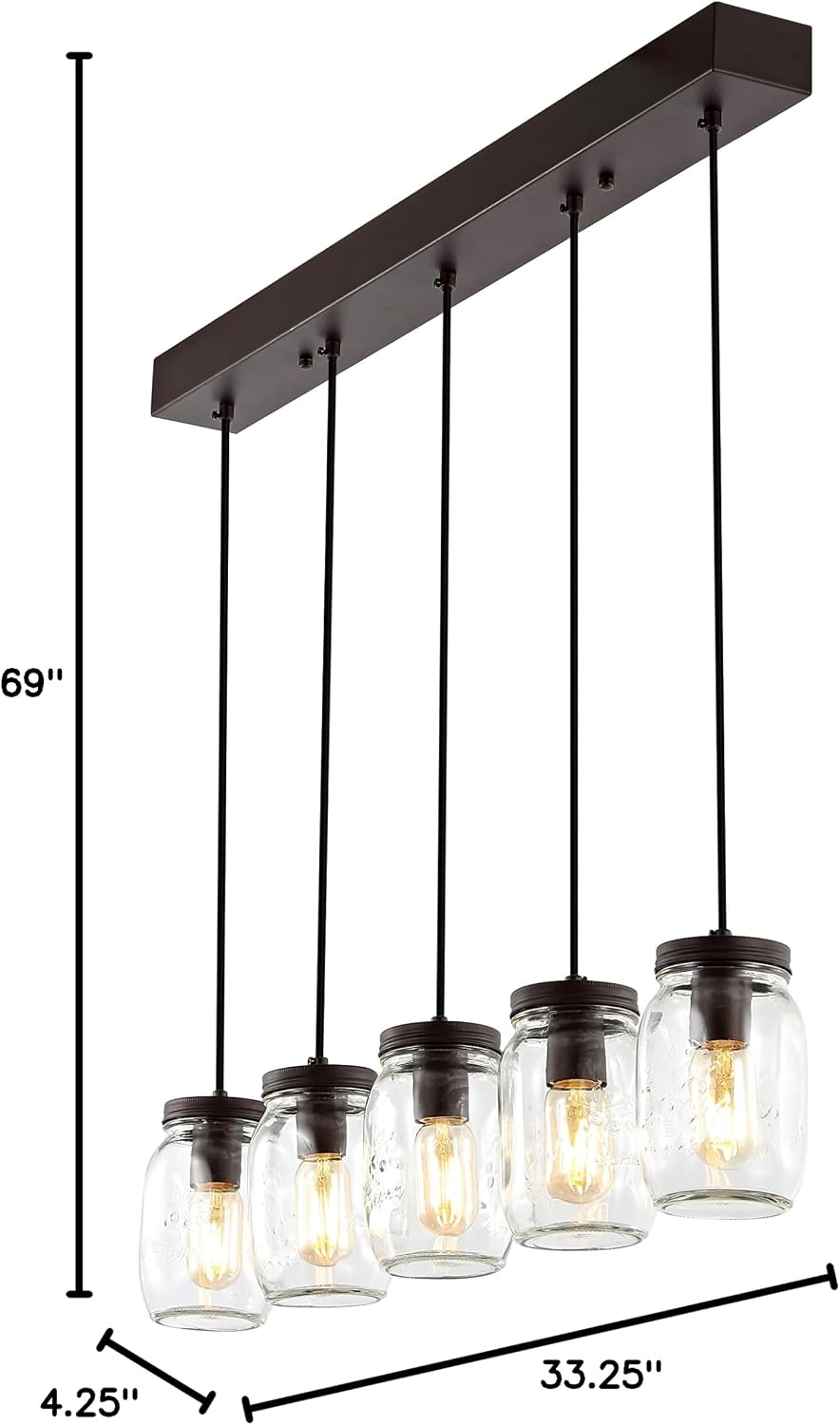 JONATHAN Y 33.25' Oil Rubbed Bronze/Clear Farmhouse Industrial Mini Pendant Lighting, Clear Glass Mason Jar Shade, Dimmable Hanging Ceiling Fixture for Kitchen Island Sink, LED Bulb Included JYL7803A