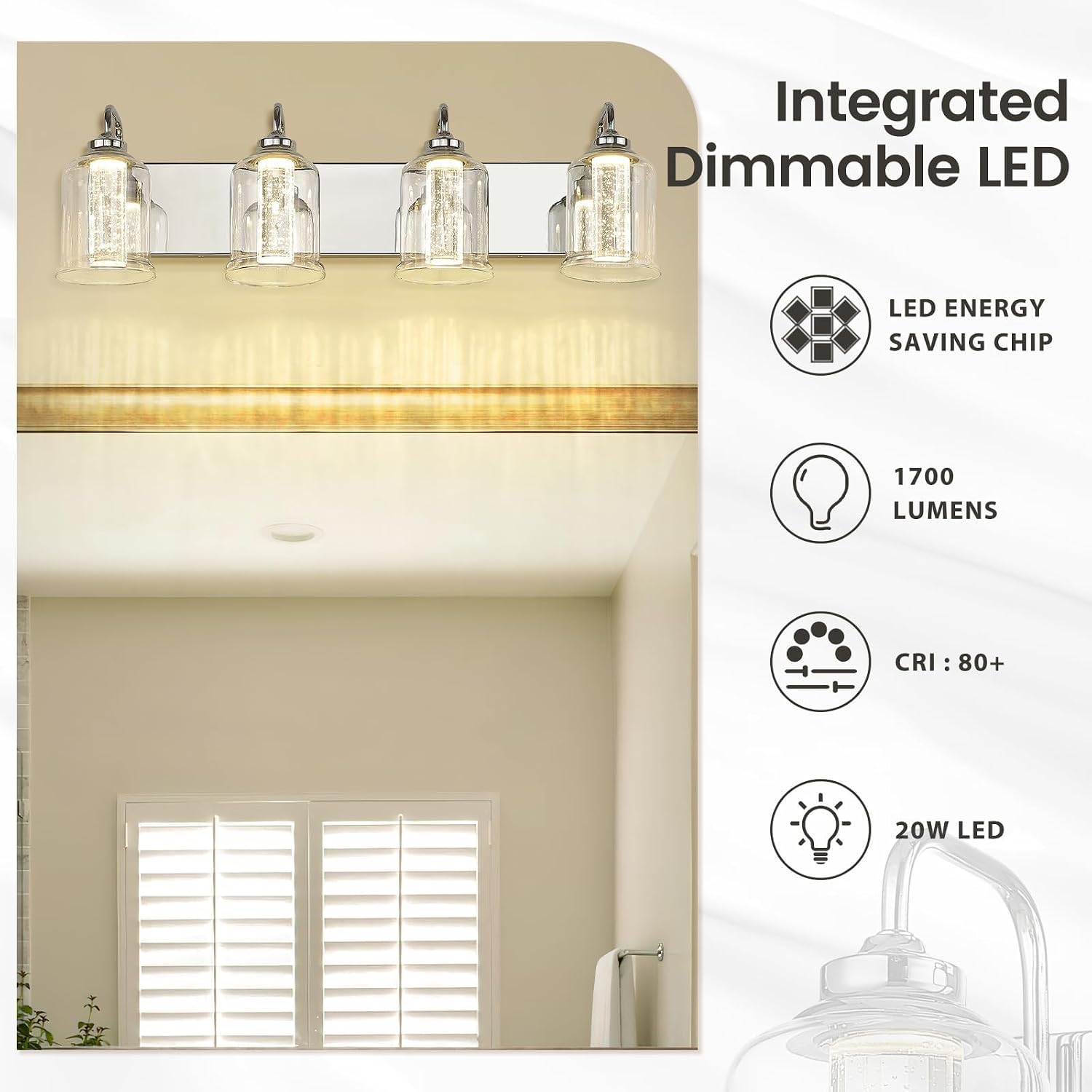zeyu 4-Light Dimmable Vanity Lighting Fixture, 20W LED Bathroom Vanity Light, Adjustable 3CCT 3000K/4000K/5000K, Chrome Finish with Crystal Bubble and Clear Glass, ZSL72B-4W LED CH-1