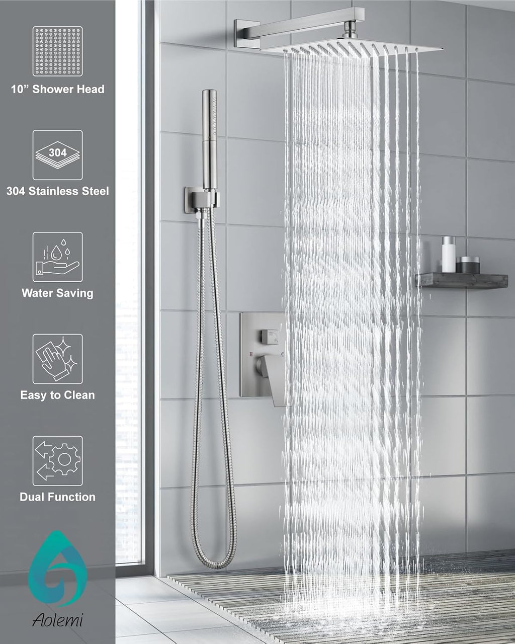 Aolemi Shower Faucet Set, High Pressure Shower System with 2-in-1 Handheld Sprayer, Wall Mount Fixture Combo with Rough-in Valve, 10 Inch Shower Head, Brushed Nickel