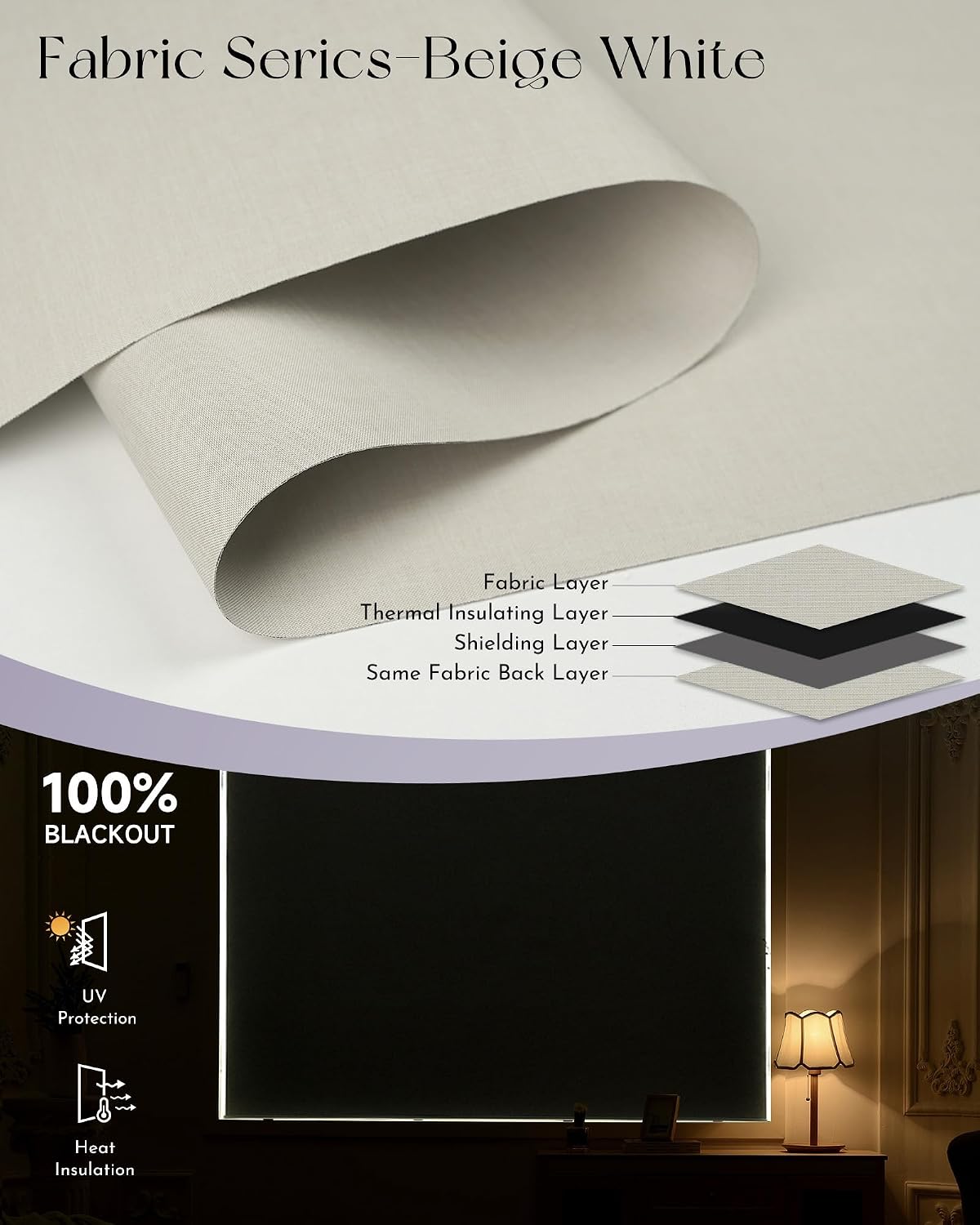 Graywind Smart Blackout Roller Shades Work with Alexa Google WiFi Hardwired Triple Weaved Fabric Motorized Blinds Remote Window Shades, Custom Size (Beige White)