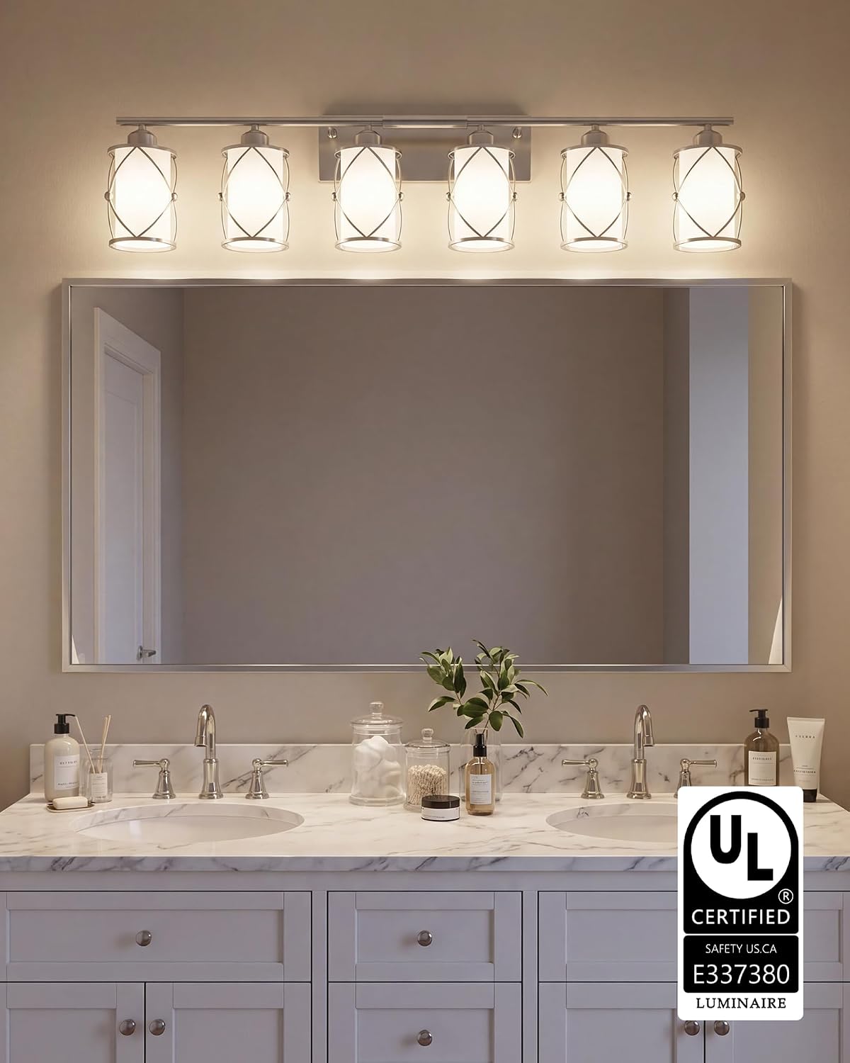 6-Light Brushed Nickel Bathroom Light Fixtures Over Mirror, 42' UL-Listed Modern Wall Sconce Lights with Milk White Frosted Glass and Metal Cage for Bath, Hardwire E26, CH9176BNW-6W