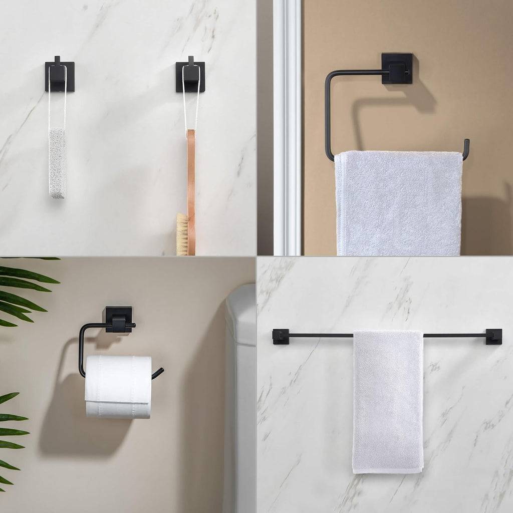 KIBI Cube Bathroom Hardware Set 5 Piece Bathroom Accessories Set | Towel Bar (24'), Towel Ring, Toilet Paper Holder, Robe Hooks (Matte Black) (C-KBA15-5-2)