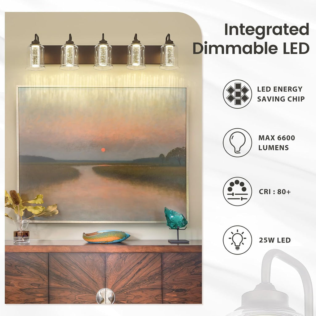 zeyu 25W LED Bathroom Lights, 5-Light Vanity Lighting Fixtures for Bathroom with 5 Color Modes, Oil Rubbed Bronze Finish with Crystal Bubble and Clear Glass, ZSL72B-5W LED ORB-1