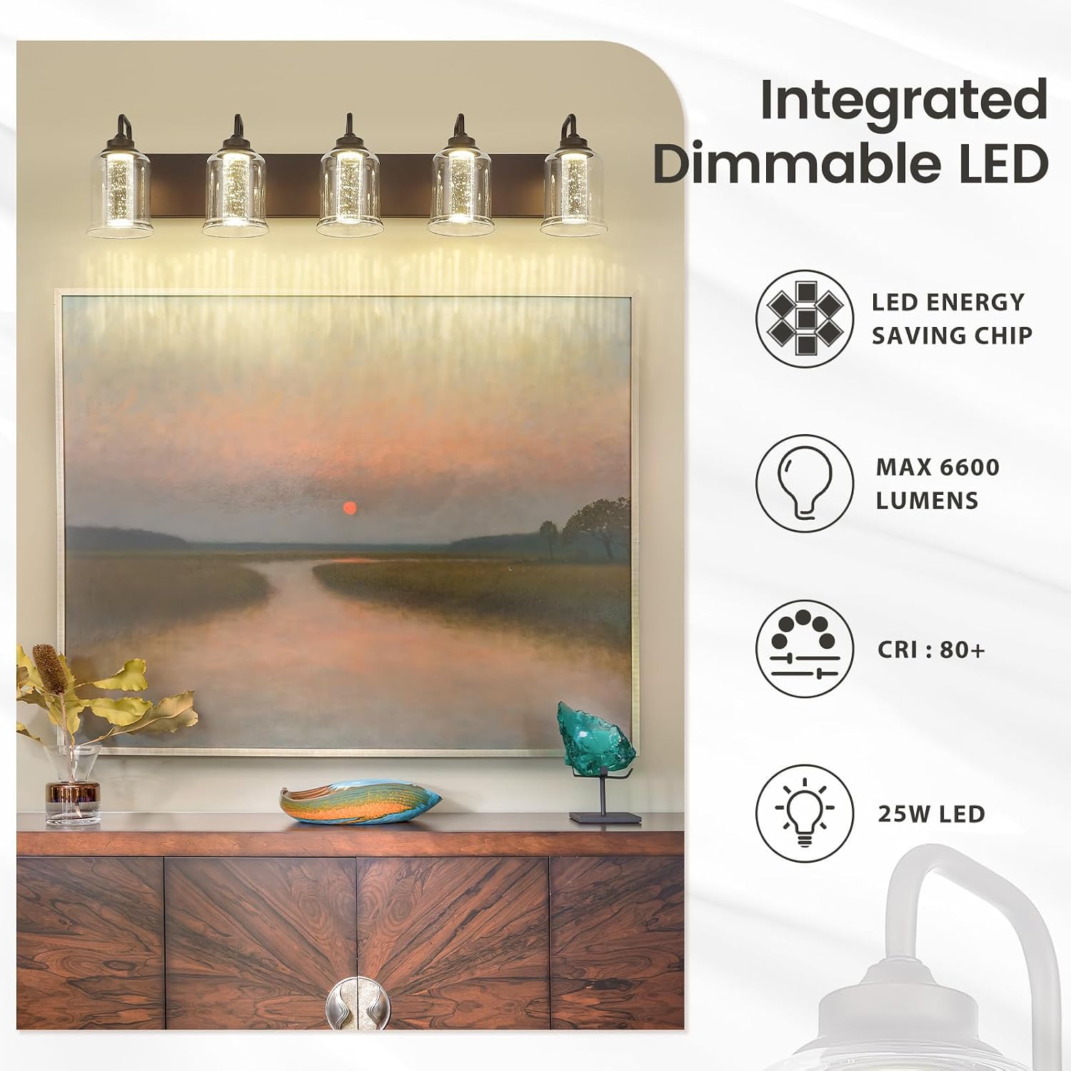 zeyu 25W LED Bathroom Lights, 5-Light Vanity Lighting Fixtures for Bathroom with 5 Color Modes, Oil Rubbed Bronze Finish with Crystal Bubble and Clear Glass, ZSL72B-5W LED ORB-1