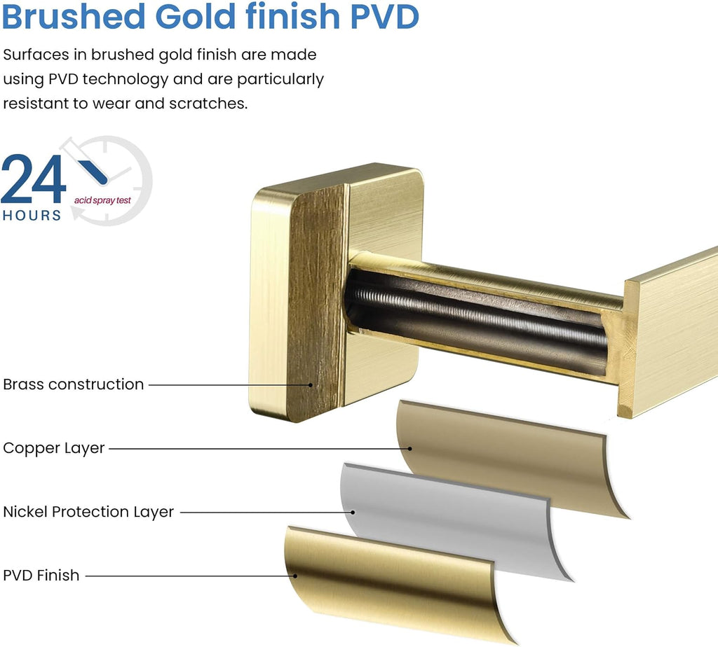 KIBI Blaze Bathroom Hardware Set 4 Piece Bathroom Accessories Set | Towel Bar (19'), Towel Holder, Toilet Paper Holders, Robe Hook (Brushed Gold) (KBA16-4-2)