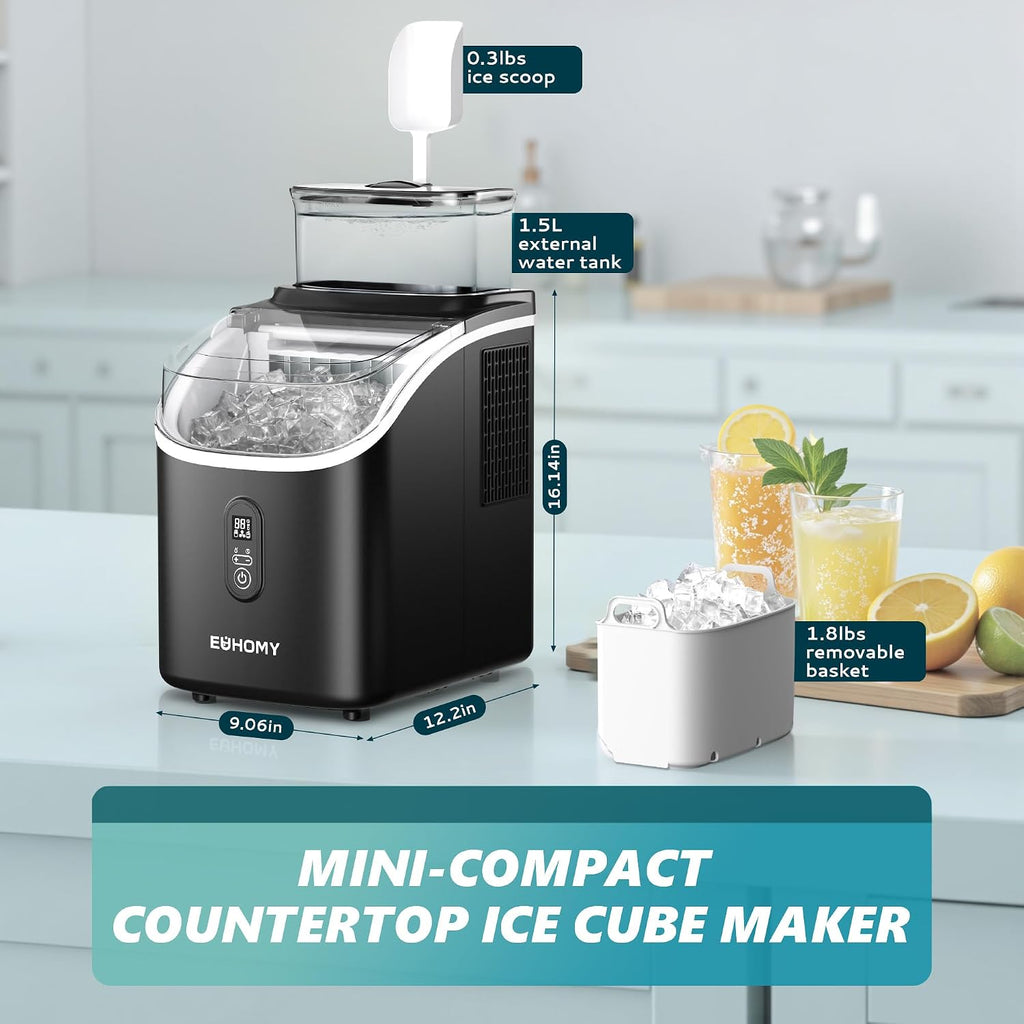 EUHOMY Ice Cube Maker Machine Countertop with External Water Tank, 2 Ways to Add Water, 34Lbs/Day, 16Pcs Ready in 7 Mins, Auto-Cleaning, with Ice Scoop & Basket, for Home/Kitchen/Office/Bar (Black)