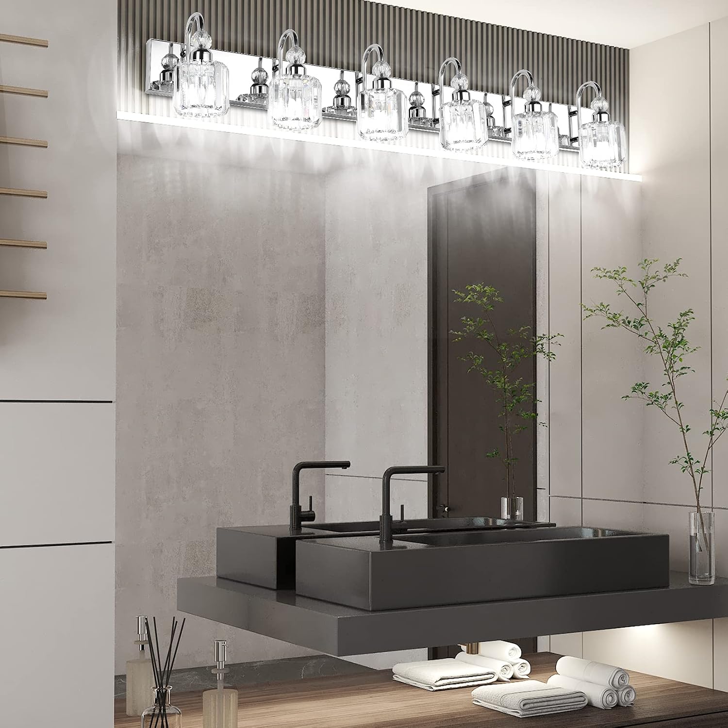 Ralbay 6-Lights Stainless Steel Crystal Bathroom Vanity Lights Over Long Mirror Modern Crystal Vanity Lighting Fixtures for Bathroom