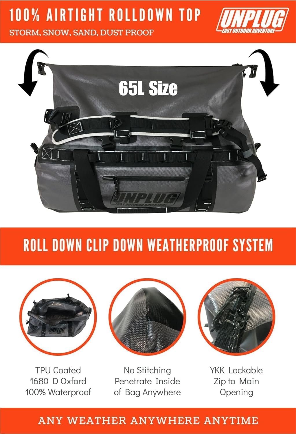 UNPLUG Ultimate Adventure | 1680D Heavy Duty Waterproof Bag | Large Travel Bag which can be Used for Camping, Motorcycling, Boating, or Hunting|65L Storm Grey