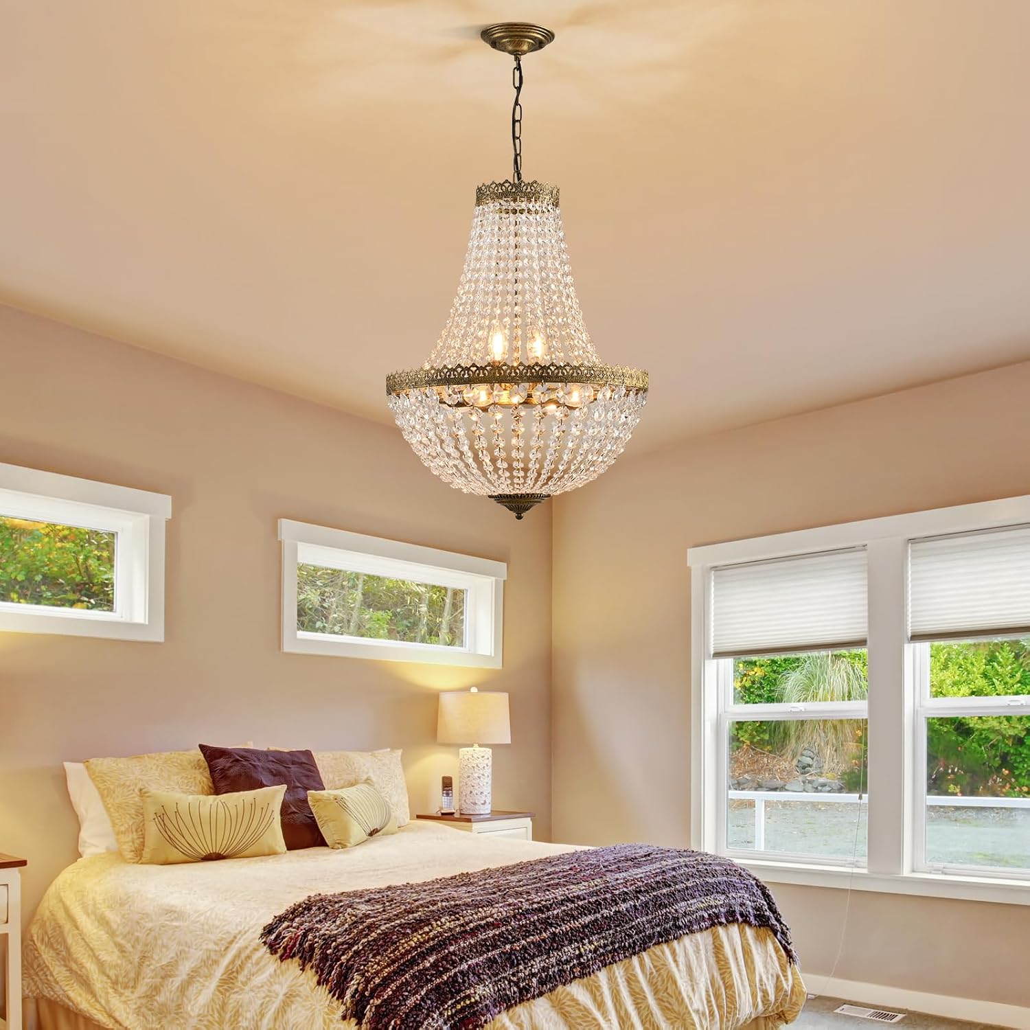 6 Lights French Empire Crystal Chandelier Farmhouse Pendant Lighting, Antique Brass Ceiling Light Fixture for Dining Room Bedroom Foyer Living Room, W18.5 x H25.6